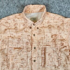 LL Bean Fishing Shirt Men L Tall Orange Vented Tropical Shark Print Hiking OXY22